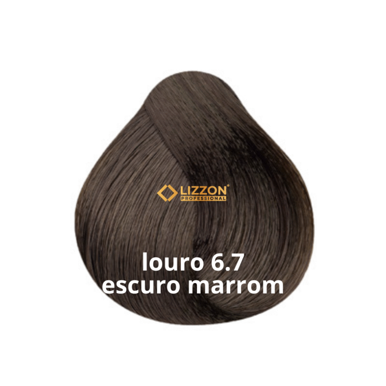 Uma amostra de cor de cabelo marrom escuro rotulada como Lizzon Professional com o texto louro 6.7 escuro marrom exibido sobre a amostra de cor.