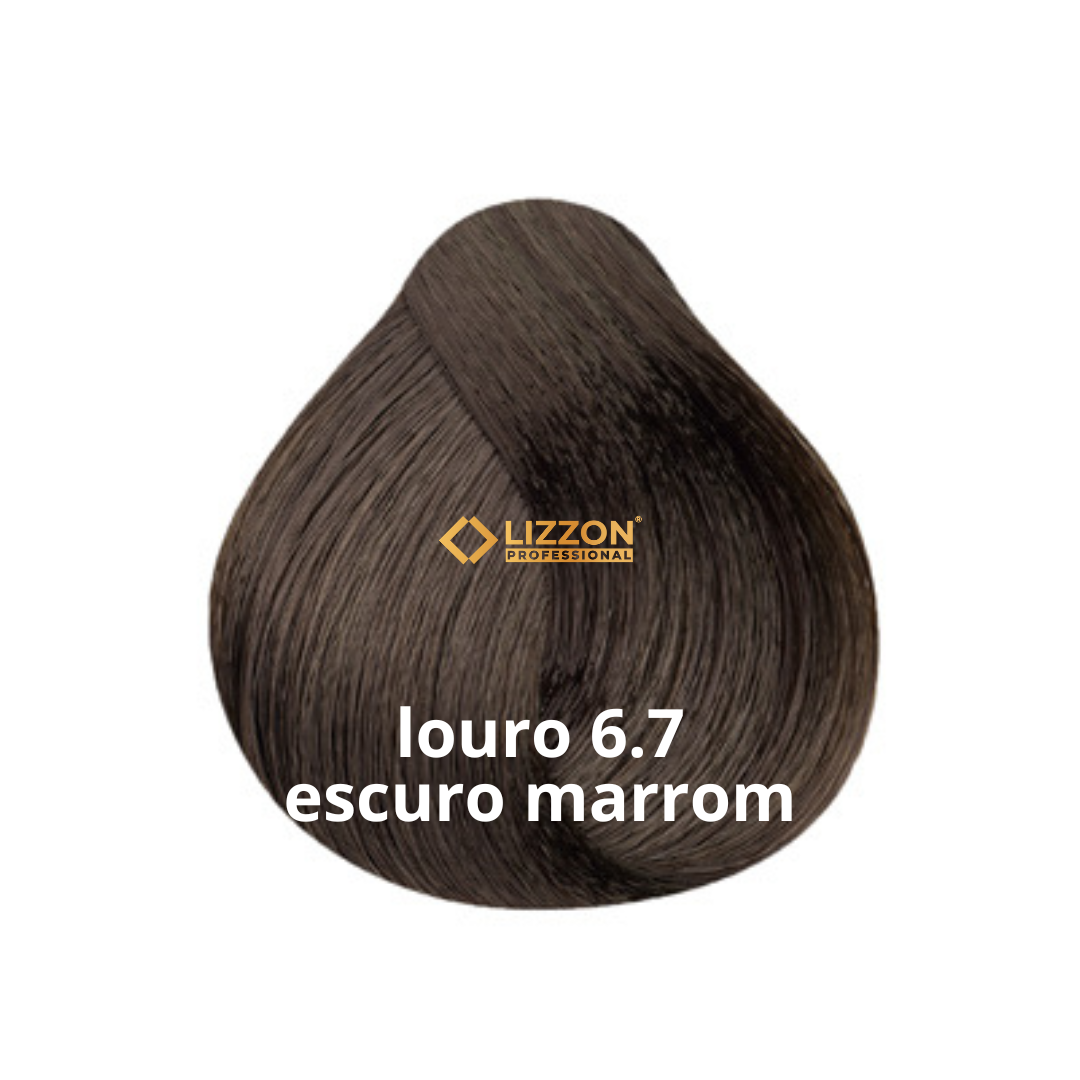 Uma amostra de cor de cabelo marrom escuro rotulada como Lizzon Professional com o texto louro 6.7 escuro marrom exibido sobre a amostra de cor.