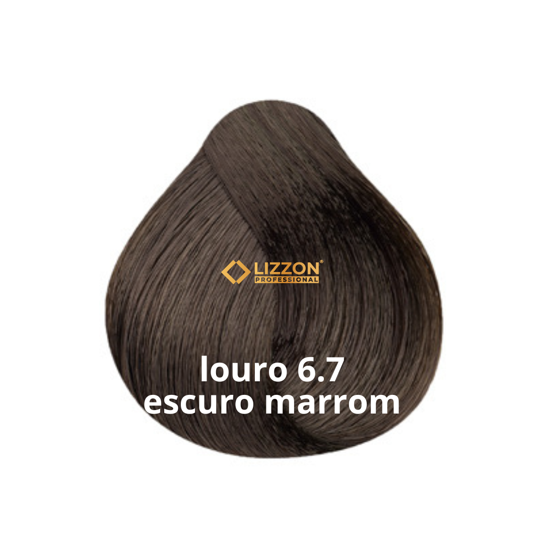 Uma amostra de cor de cabelo marrom escuro rotulada como Lizzon Professional com o texto louro 6.7 escuro marrom exibido sobre a amostra de cor.