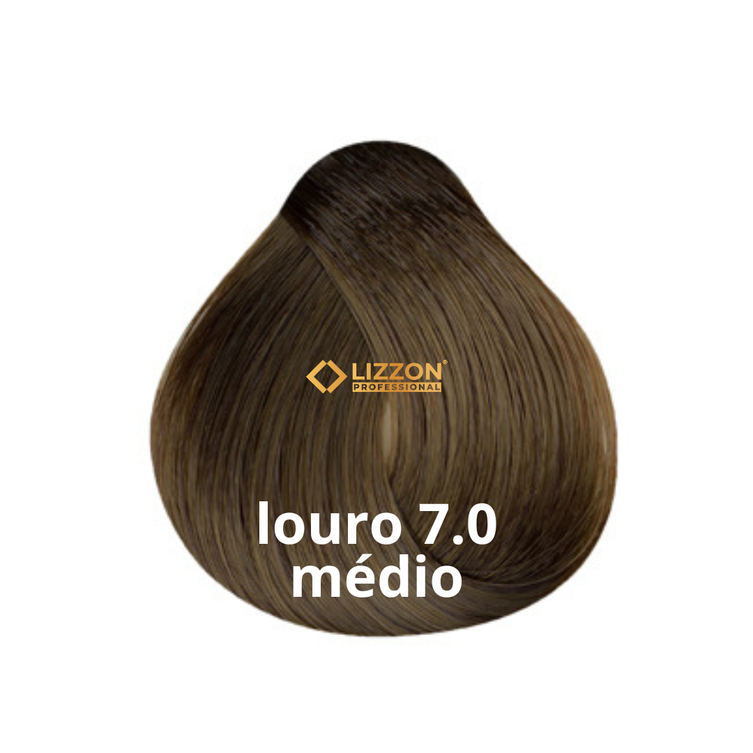 Uma amostra de cor de cabelo mostrando um tom de loiro médio rotulado como "louro 7.0 médio" com o logotipo da Lizzon Professional no centro.