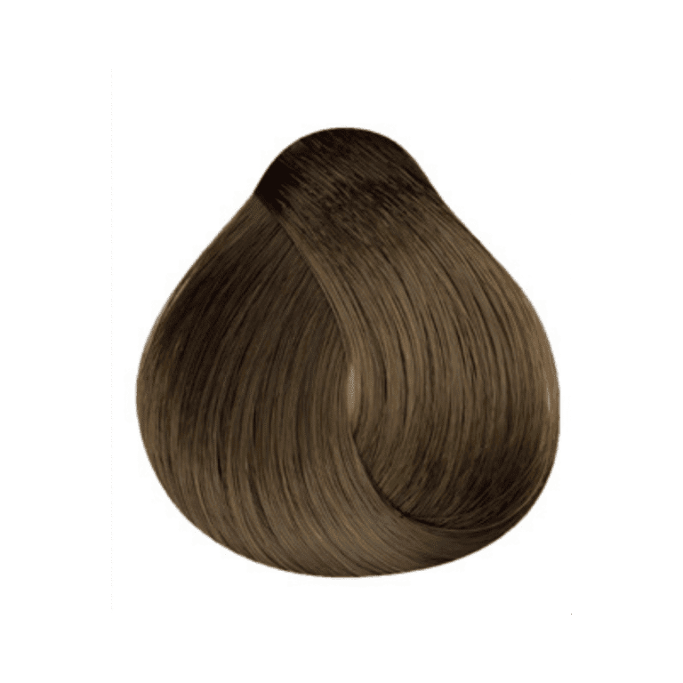 Uma amostra de cabelo sintético marrom médio é disposta em um laço liso, em forma de lágrima, contra um fundo branco liso.