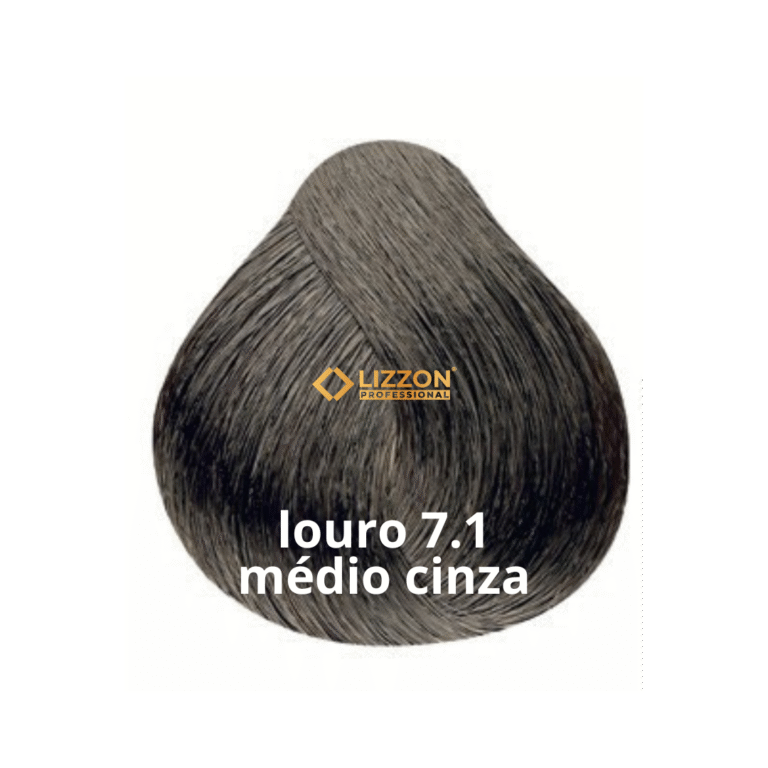 Uma amostra de cor de cabelo chamada louro 7.1 médio cinza da Lizzon Professional, exibindo um tom loiro cinza médio com um tom frio e acinzentado.