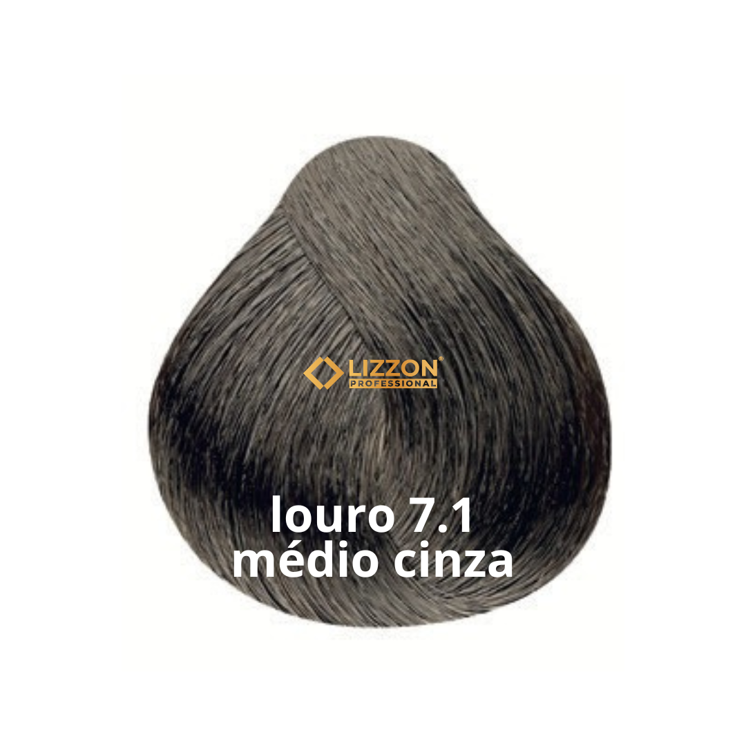 Uma amostra de cor de cabelo chamada louro 7.1 médio cinza da Lizzon Professional, exibindo um tom loiro cinza médio com um tom frio e acinzentado.
