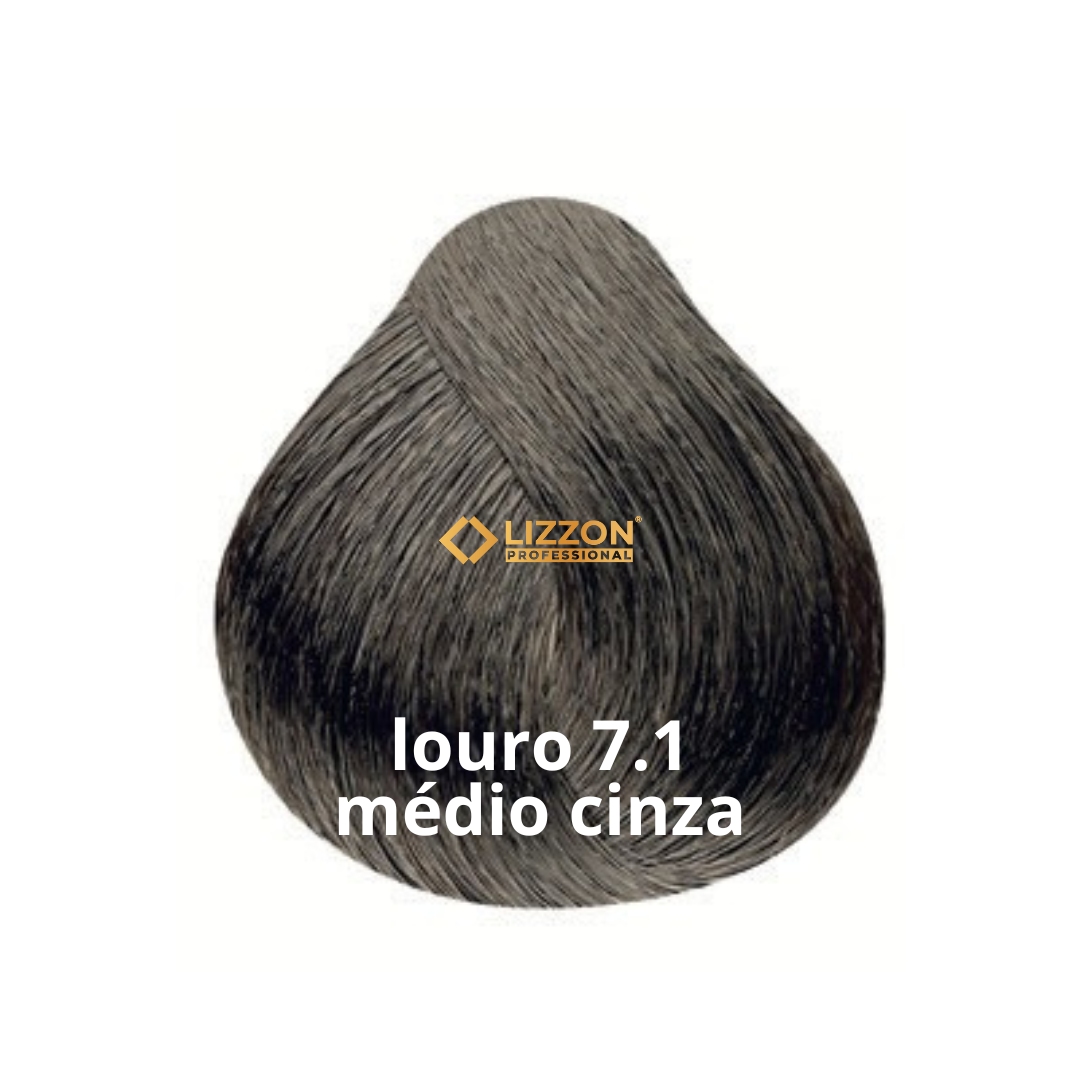 Uma amostra de cor de cabelo chamada louro 7.1 médio cinza da Lizzon Professional, exibindo um tom loiro cinza médio com um tom frio e acinzentado.