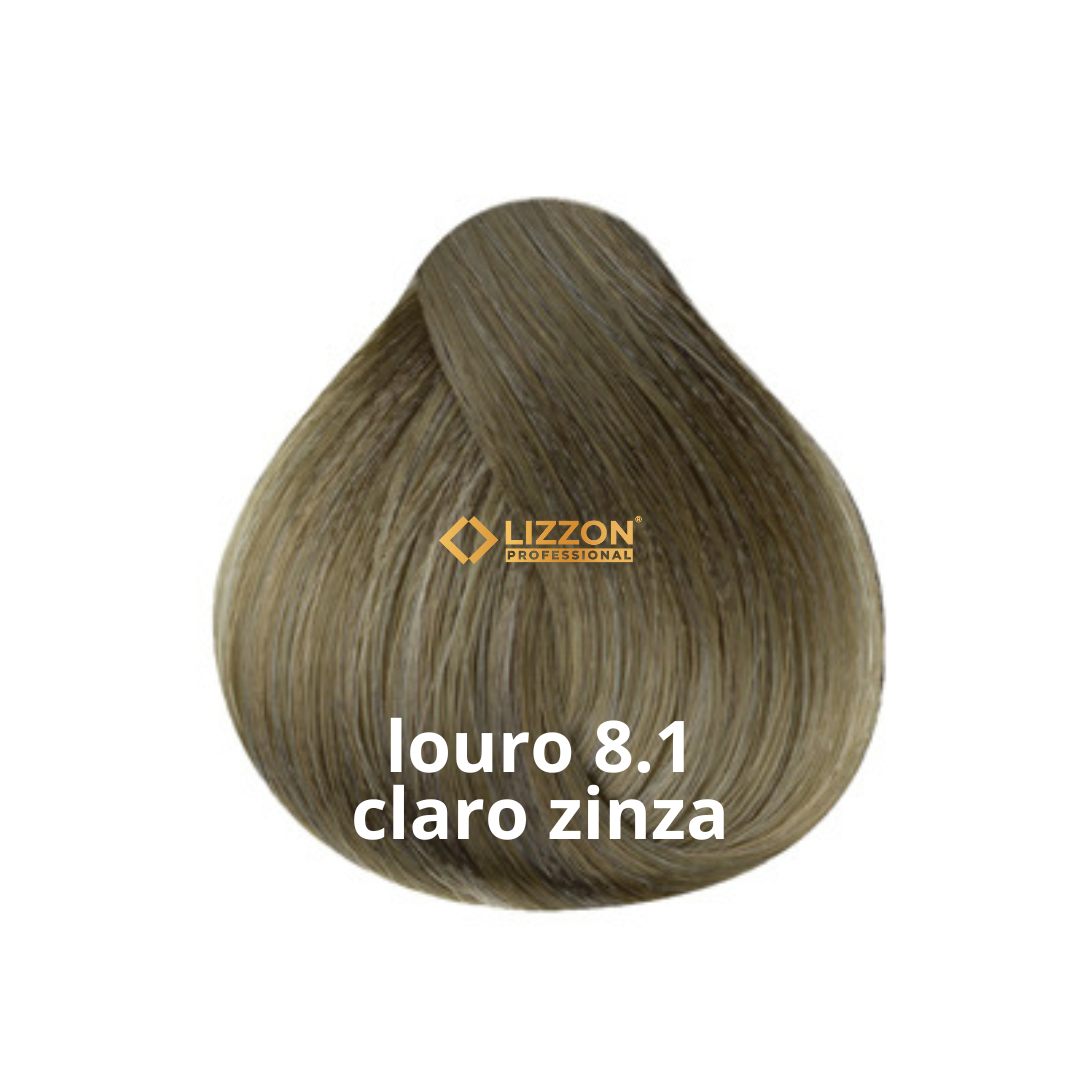 Uma amostra de cor de tintura de cabelo loiro acinzentado claro, rotulada como Lizzon Professional louro 8.1 claro zinza, mostrando uma amostra da cor do cabelo em forma de laço em um fundo branco.