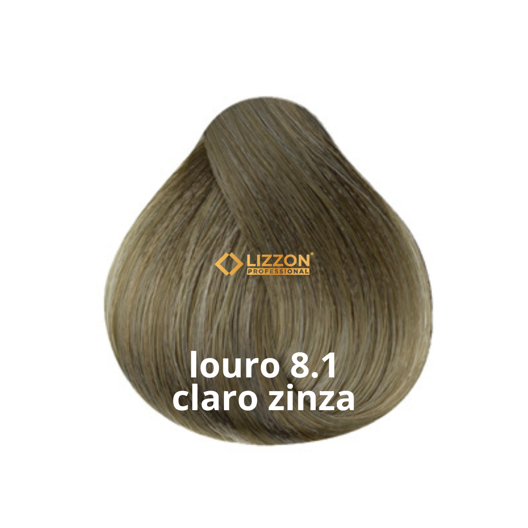 Uma amostra de cor de tintura de cabelo loiro acinzentado claro, rotulada como Lizzon Professional louro 8.1 claro zinza, mostrando uma amostra da cor do cabelo em forma de laço em um fundo branco.