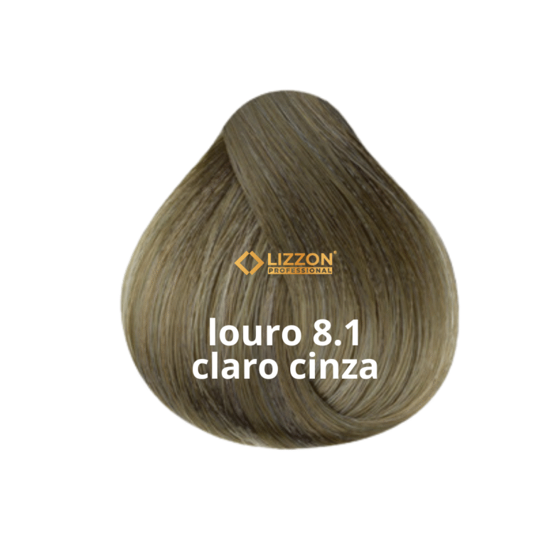 Uma amostra de tintura de cabelo loiro claro com o rótulo Lizzon Professional e o texto louro 8.1 claro cinza escrito no centro.