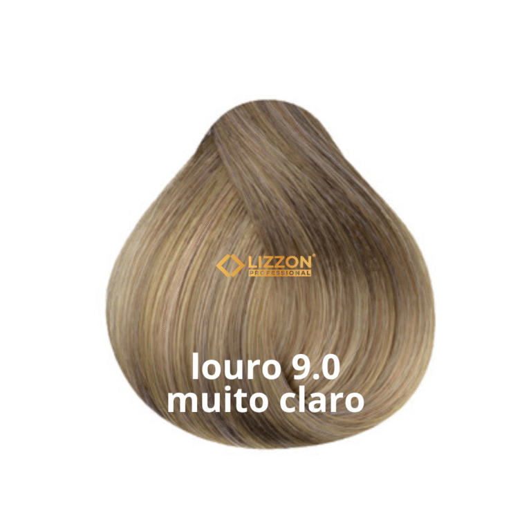 Uma amostra de cor de cabelo loiro claro rotulada como louro 9.0 muito claro com o logotipo da Lizzon Professional centralizado na amostra de cabelo, mostrada em um fundo branco.
