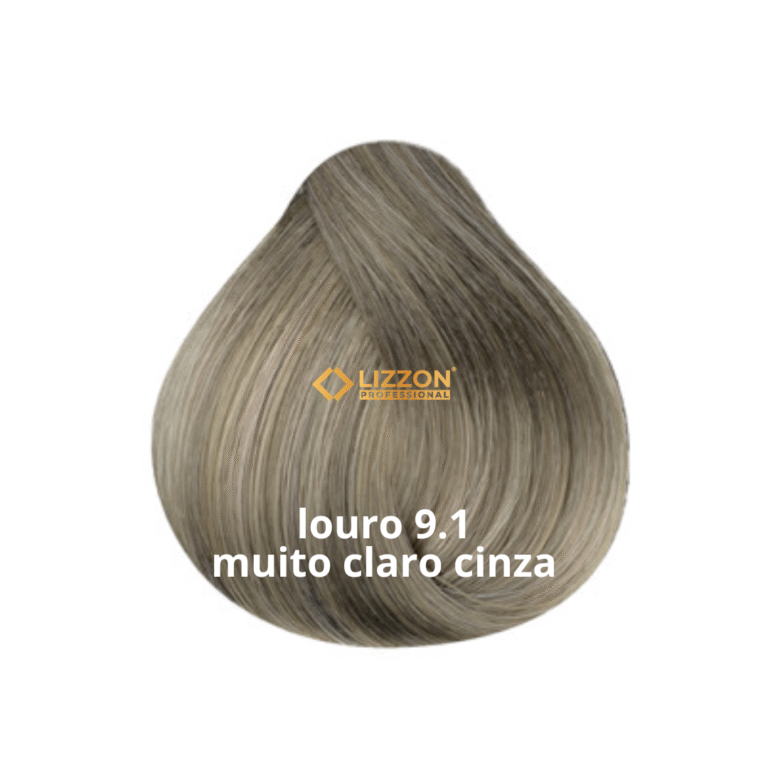Uma amostra de tintura de cabelo loiro acinzentado claro, rotulada como louro 9.1 muito claro cinza, com o logotipo da Lizzon Professional acima dela em um fundo branco.