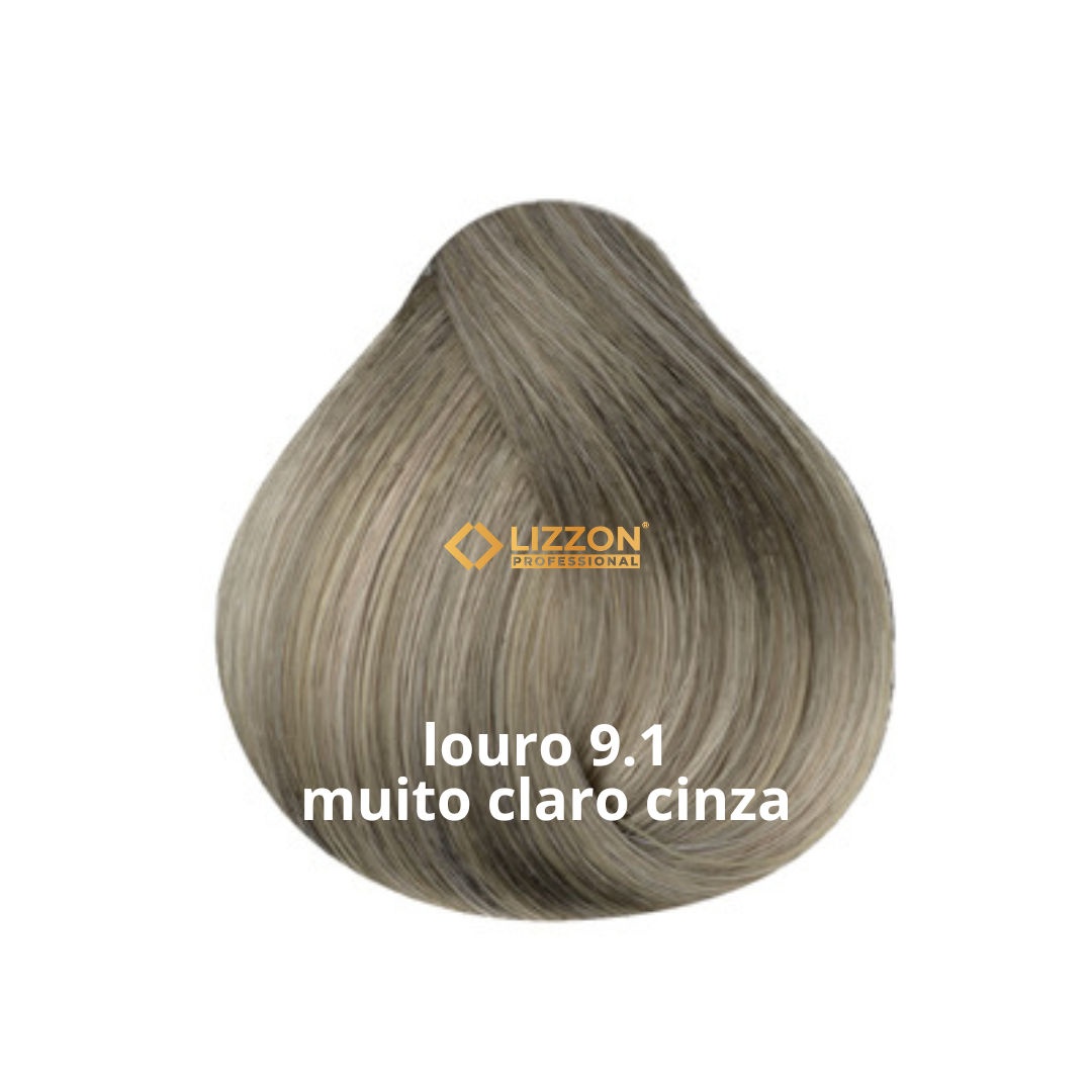 Uma amostra de tintura de cabelo loiro acinzentado claro, rotulada como louro 9.1 muito claro cinza, com o logotipo da Lizzon Professional acima dela em um fundo branco.