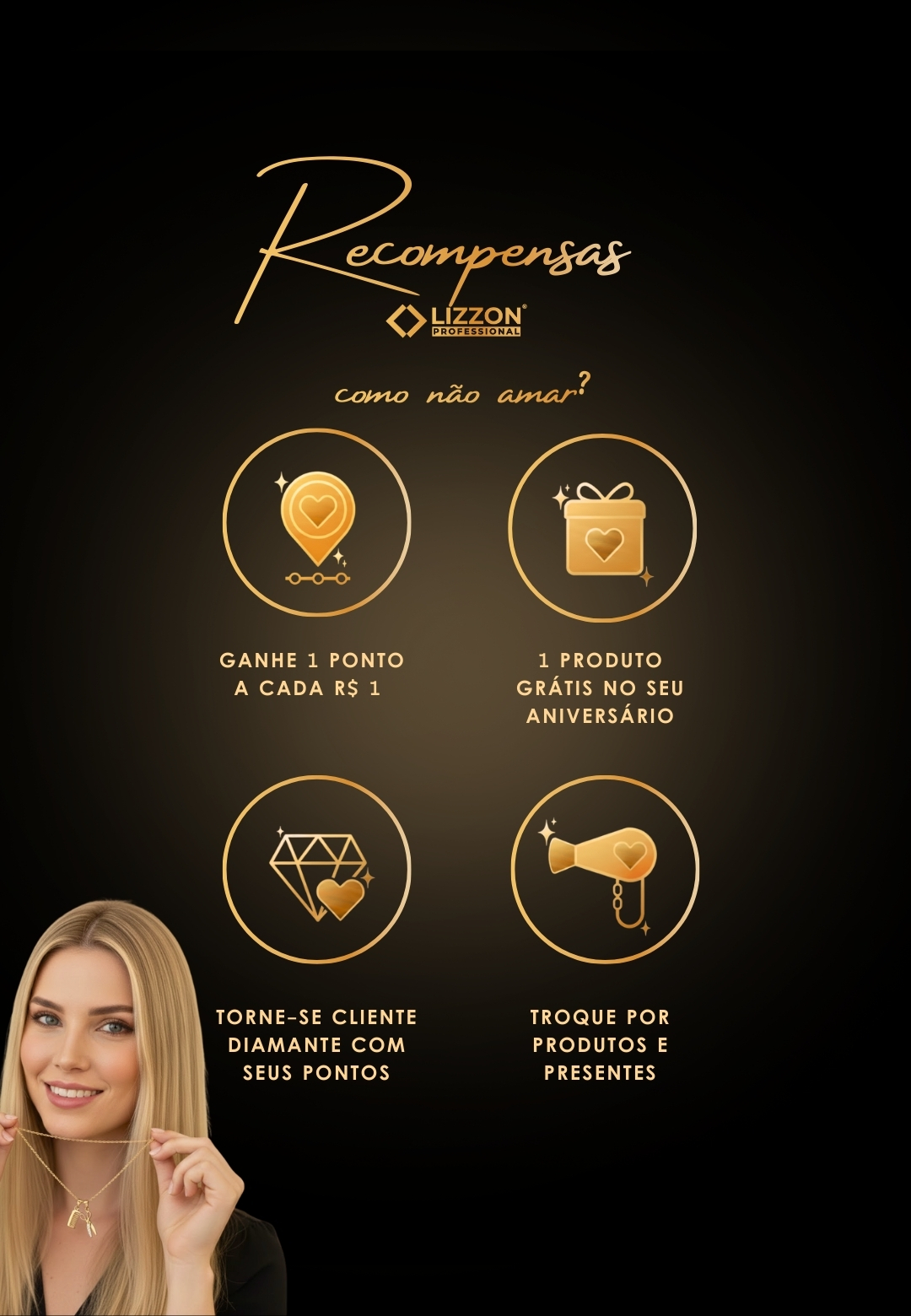 Imagem promocional da Lizzon Recompensas mostrando quatro benefícios da recompensa Lizzon: ganhe 1 ponto por R$ 1, ganhe um produto grátis no seu aniversário, torne-se um cliente diamante com pontos e troque pontos por produtos e presentes. Uma mulher está no canto inferior esquerdo.