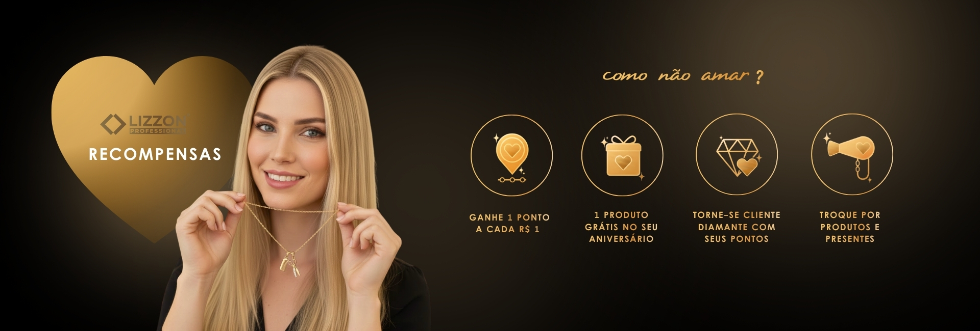 Uma mulher com longos cabelos loiros segura um colar e sorri. Ao lado dela, ícones explicam o programa de recompensas da Lizzon em português, mostrando maneiras de ganhar e trocar pontos por produtos e presentes em um fundo escuro.