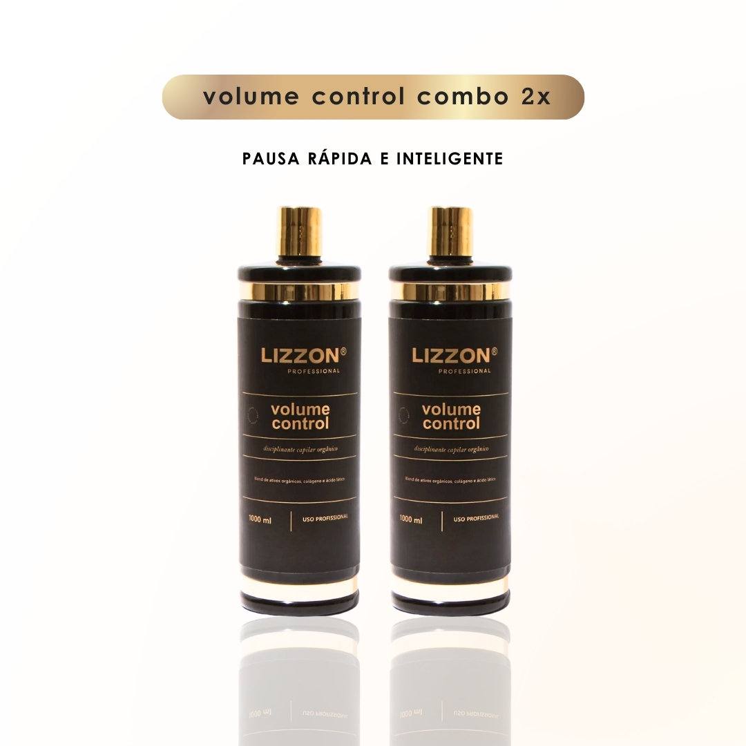 Dois frascos pretos de Volume Control Blond (embalagem 2unid black) são exibidos lado a lado em um fundo branco. Acima deles, o texto diz 