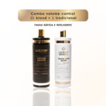 Dois frascos de controle de volume do kit Lizzon (1 loiro + 1 tradicional) estão lado a lado: o da esquerda está rotulado como tradicional e o da direita como loiro. O texto acima diz Combo volume control (1 blond + 1 tradicional).