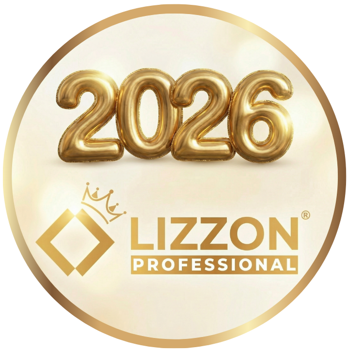 Um logotipo circular da Lizzon com uma borda dourada exibe números de balão dourados 2026 acima das palavras Lizzon Professional e um gráfico de coroa, tudo sobre um fundo creme.