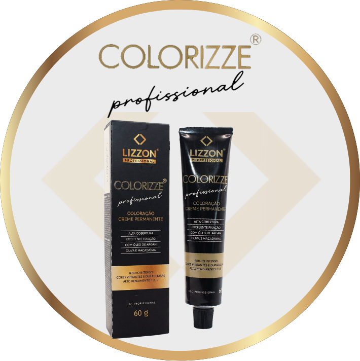 Um tubo preto e uma caixa retangular da coloração permanente em creme para cabelos Lizzon Colorizze Professional são exibidos na vertical, com texto dourado e branco em um fundo branco e uma moldura circular dourada, destacando a marca premium Lizzon.