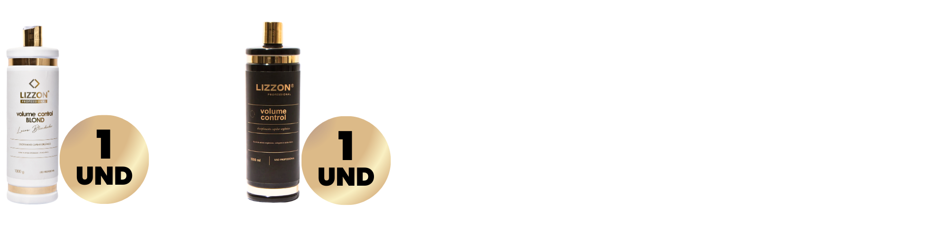 O Kit Volume Control - Combo Blond & Tradicional apresenta dois frascos de tratamento capilar da Lizzon: um branco com o rótulo 