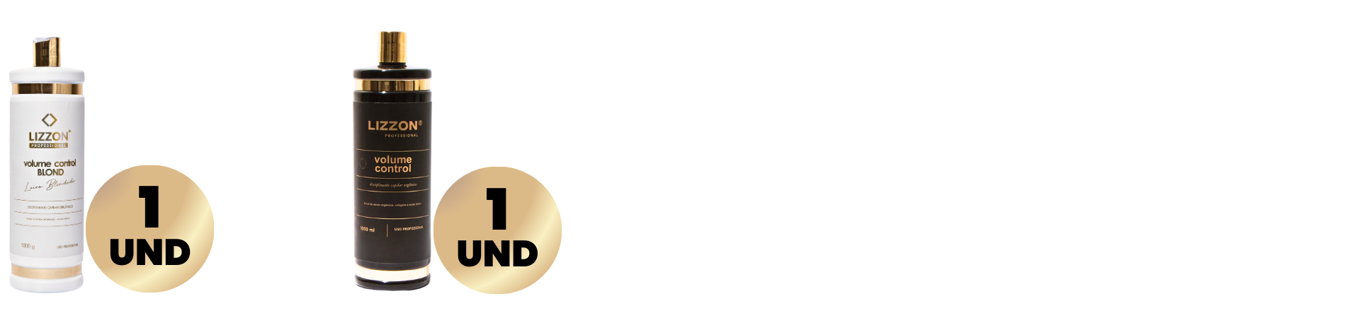 O Kit Volume Control - Combo Blond & Tradicional apresenta dois frascos de tratamento capilar da Lizzon: um branco com o rótulo "dimer creme blond" e um preto com o rótulo "volume control", ambos com um círculo dourado com a inscrição "1 UND".
