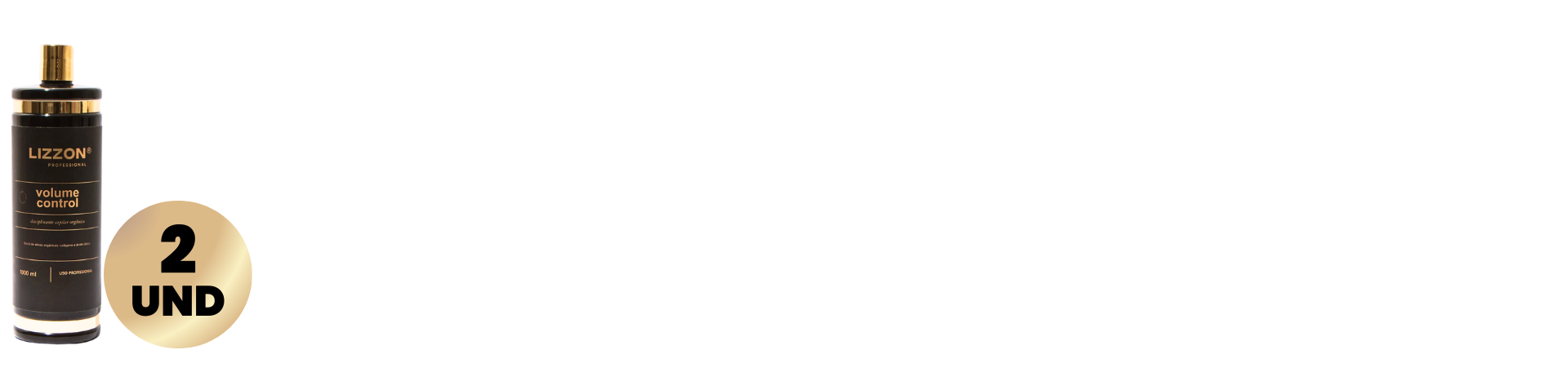 Um frasco de spray preto e dourado com o rótulo Controle de volume (combo 2x) é mostrado ao lado de um círculo dourado com 