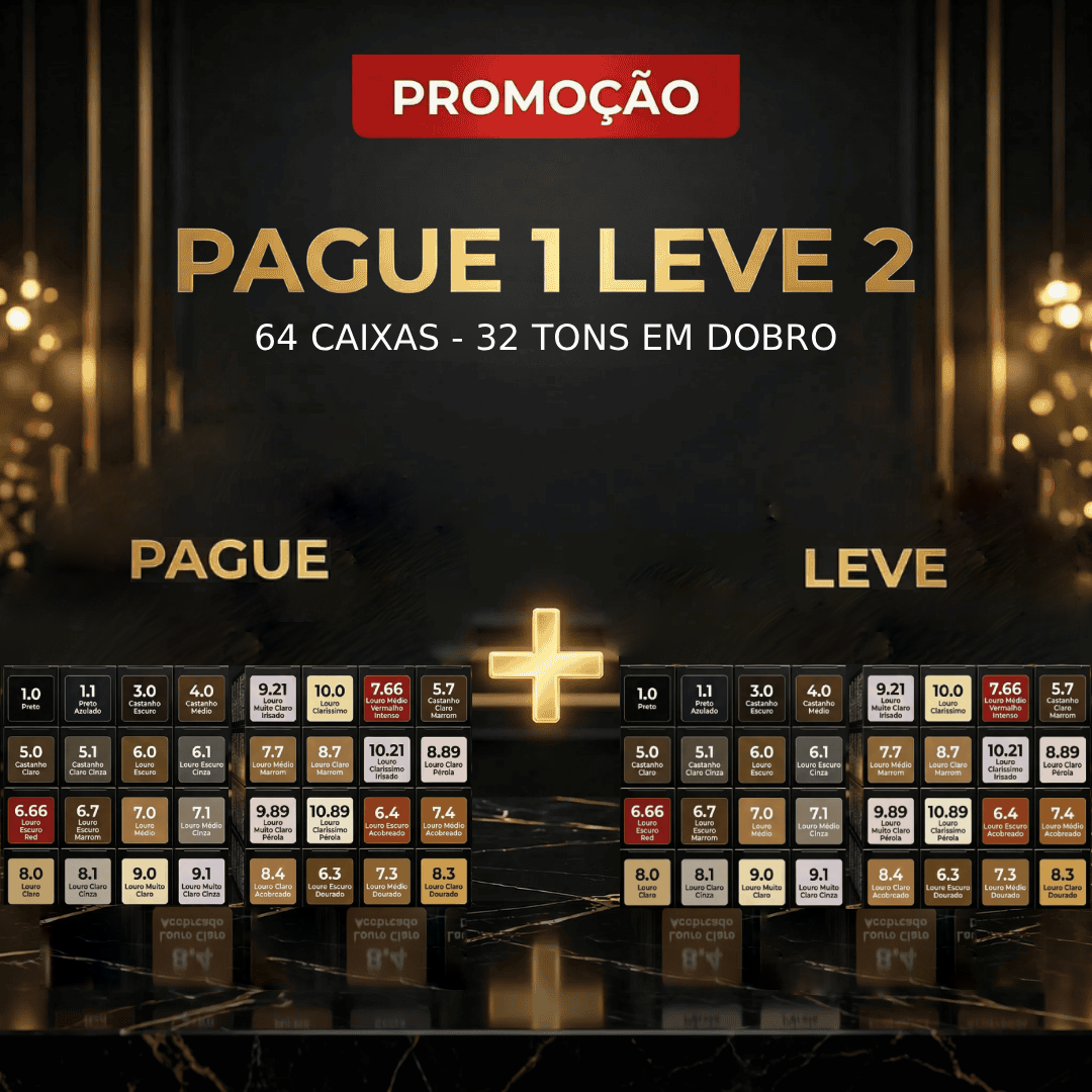 A imagem mostra uma Promoção: Pague 1 Leve 2 para o Kit Colorizze em Dobro Coloração Creme Permanente (64 unidades), com caixas de tintura de cabelo em vários tons sob as seções Pague e Leve.