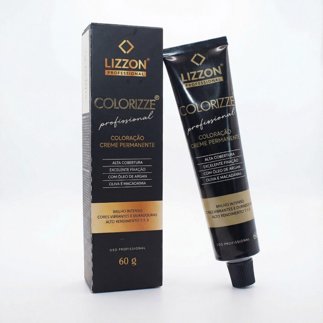 Uma caixa preta e um tubo preto correspondente de Colorizze Coloração Permanente estão na vertical em um fundo branco. A embalagem exibe um texto em português dourado, branco e prateado.