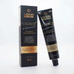Uma caixa preta e um tubo preto correspondente de Colorizze Coloração Permanente estão na vertical em um fundo branco. A embalagem exibe um texto em português dourado, branco e prateado.