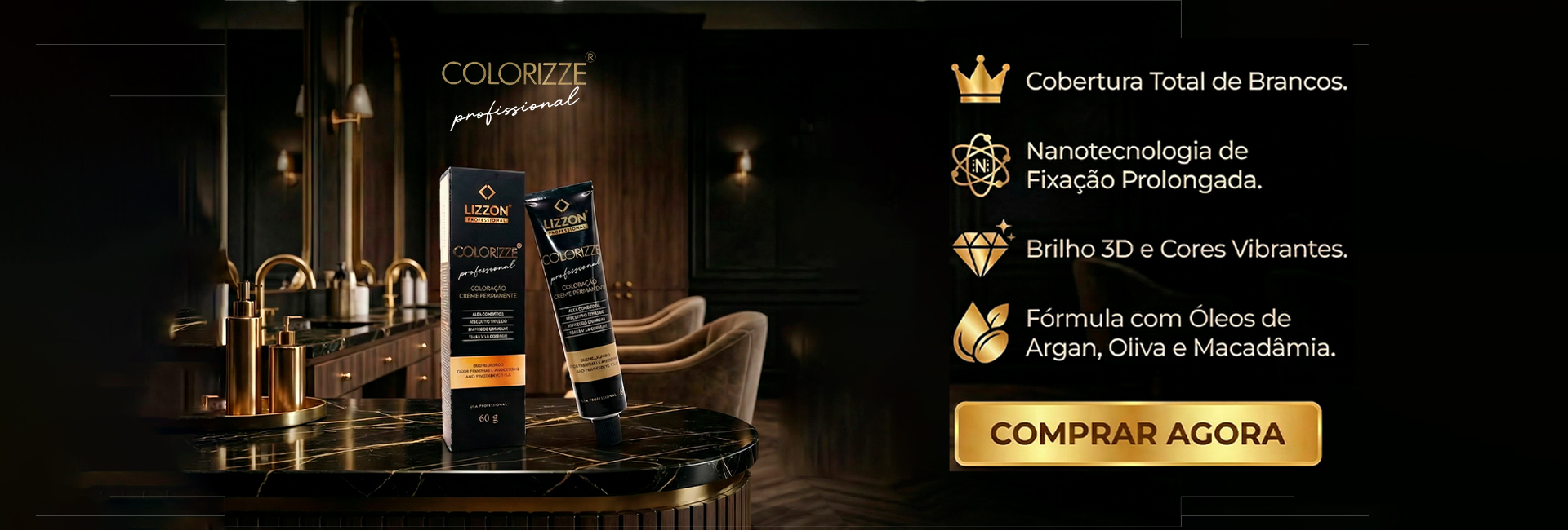 Duas caixas de produtos de coloração de cabelo Lizzon e um tubo são exibidos em um balcão de mármore em uma sala escura e elegante. O texto destaca características como cobertura cinza, cor duradoura, brilho vibrante e óleos nutritivos. Um botão dourado diz Comprar Agora.