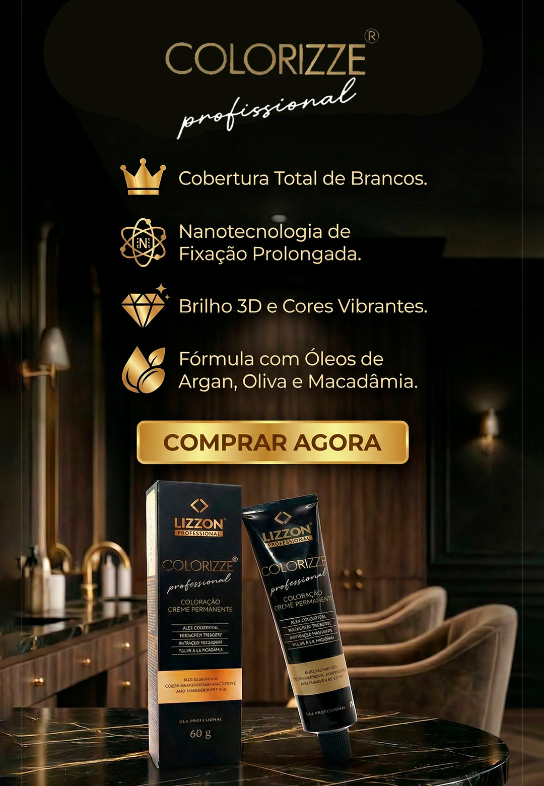 Imagem promocional do creme de coloração para cabelos Colorizze Professional com Lizzon, mostrando o tubo e a caixa em um ambiente de banheiro. O texto destaca a cobertura, a nanotecnologia, o brilho 3D e os óleos nutritivos. Um botão 