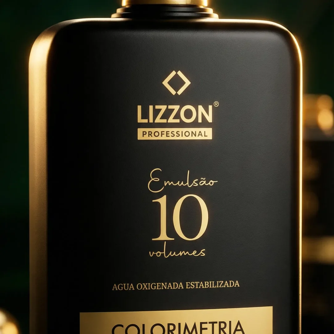 Um close-up de um frasco preto com o rótulo Lizzon Professional Emulsão 10 volumes Água Oxigenada Estabilizada Colorimetria em texto dourado, com um fundo escuro desfocado.