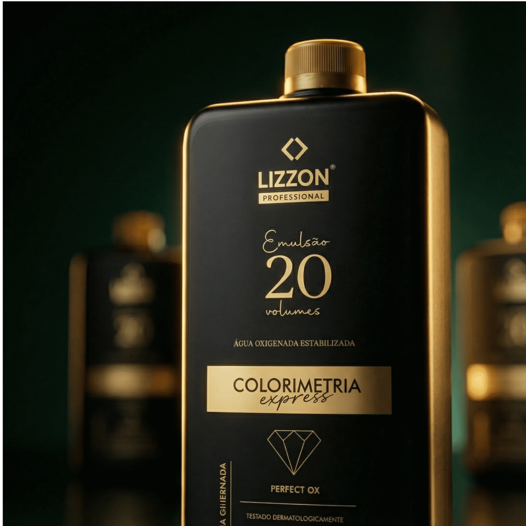 Um frasco preto e dourado com o rótulo Lizzon Professional Emulsão 20 volumes, Colorimetria Express está em foco, com frascos semelhantes embaçados ao fundo.