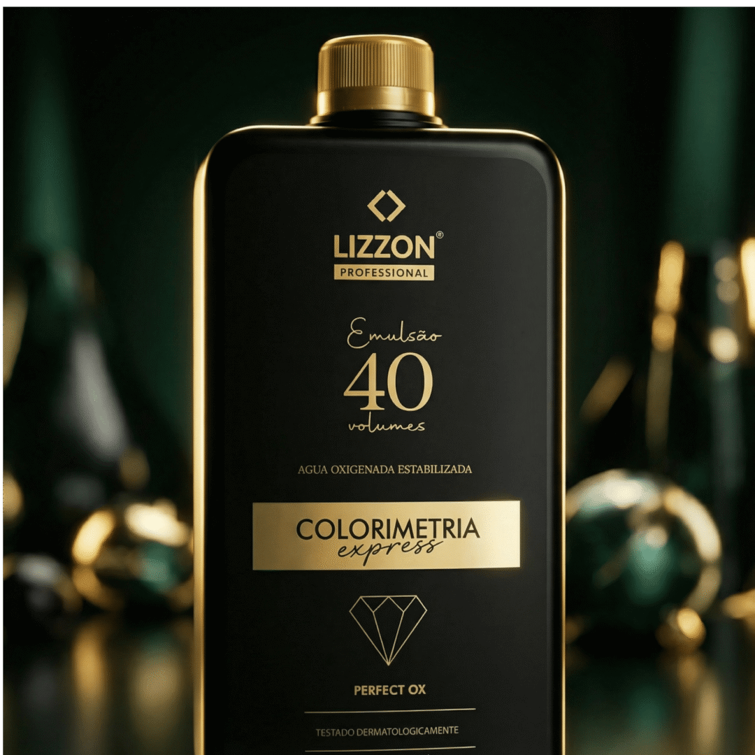 Um frasco preto e dourado com o rótulo Lizzon Professional Emulsão 40 volumes Água Oxigenada Estabilizada Colorimetria Express Perfect OX está na vertical contra um fundo desfocado.