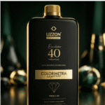 Um frasco preto e dourado com o rótulo Lizzon Professional Emulsão 40 volumes Água Oxigenada Estabilizada Colorimetria Express Perfect OX está na vertical contra um fundo desfocado.