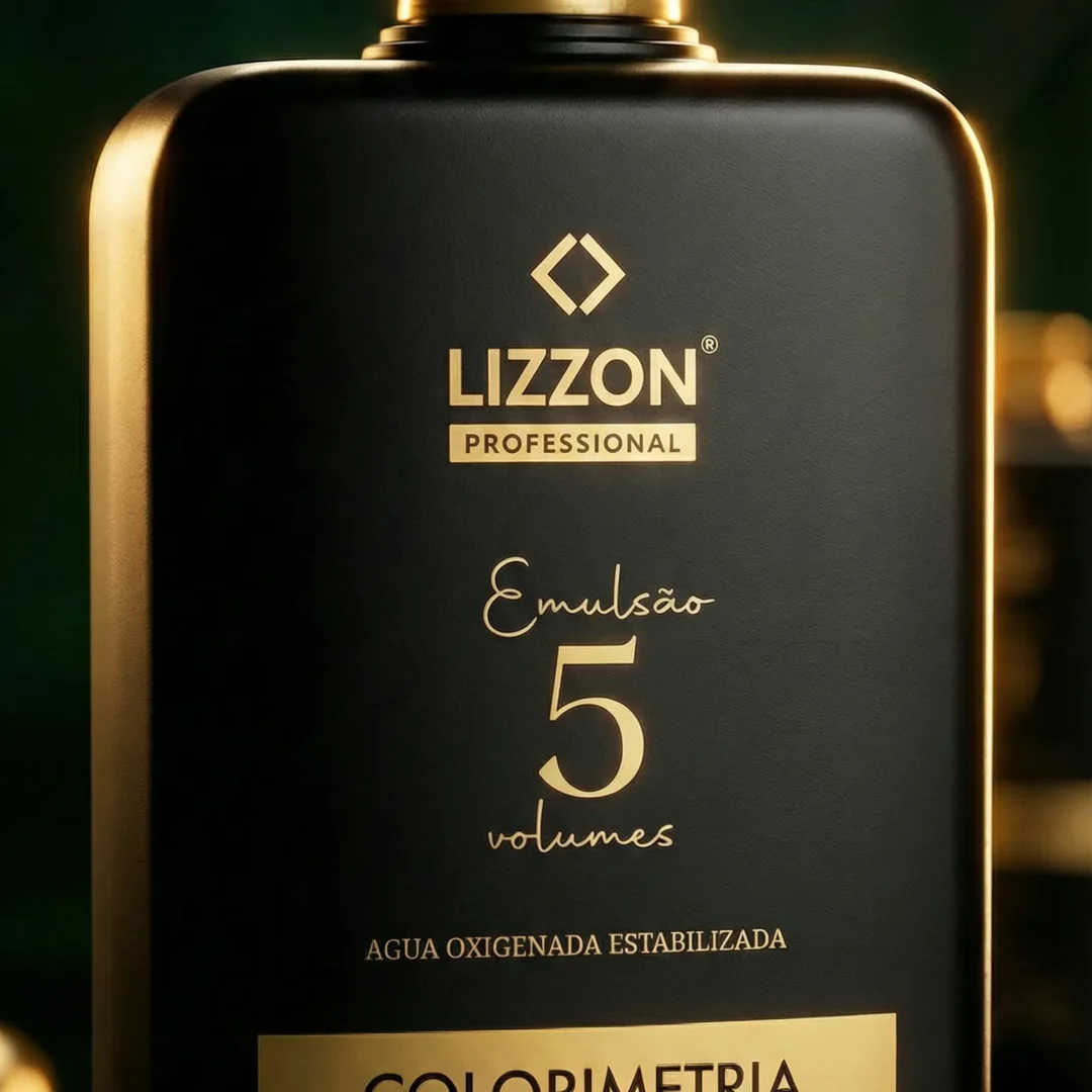 Um frasco preto rotulado Lizzon Professional Emulsão 5 volumes com texto em dourado, apresentando informações sobre água com peróxido de hidrogênio estabilizado, fotografado contra um fundo escuro.