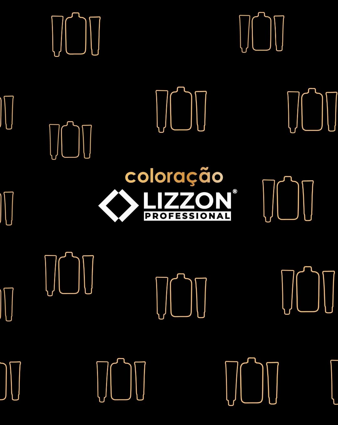 Um fundo preto com um padrão repetitivo de contornos dourados de uma garrafa e dois tubos. O logotipo da Lizzon Professional está no centro.