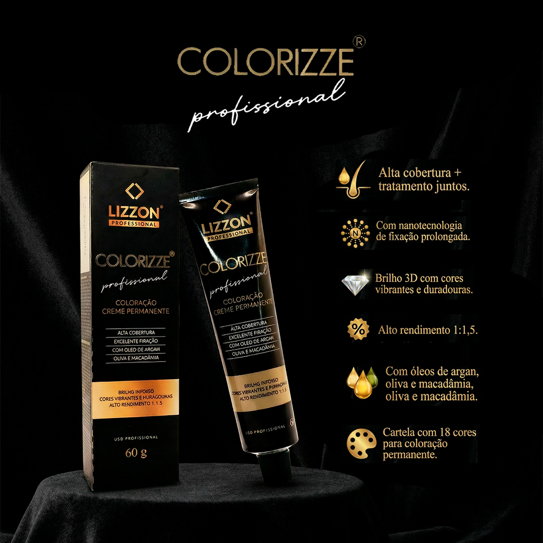 Uma bisnaga e uma caixa de Colorizze Coloração Creme Permanente são mostradas em um fundo preto, com características em português ao lado, enfatizando a cobertura, o brilho e os óleos nutritivos.