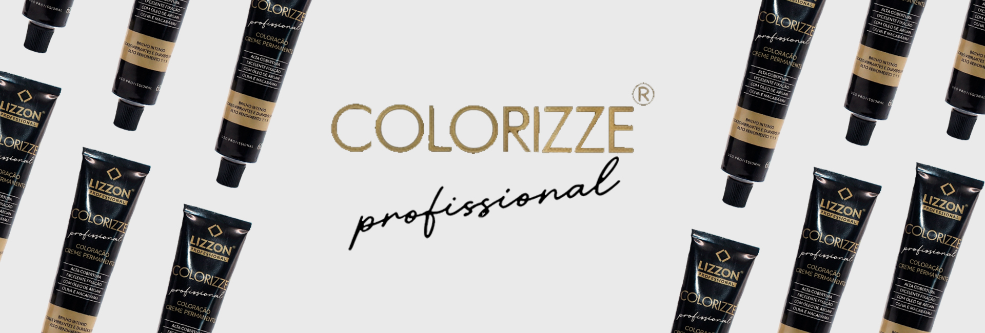 Os tubos da coloração de cabelo Lizzoni Colorizze Professional estão dispostos ao longo das bordas de um fundo cinza claro, com as palavras COLORIZZE professional exibidas com destaque no centro.