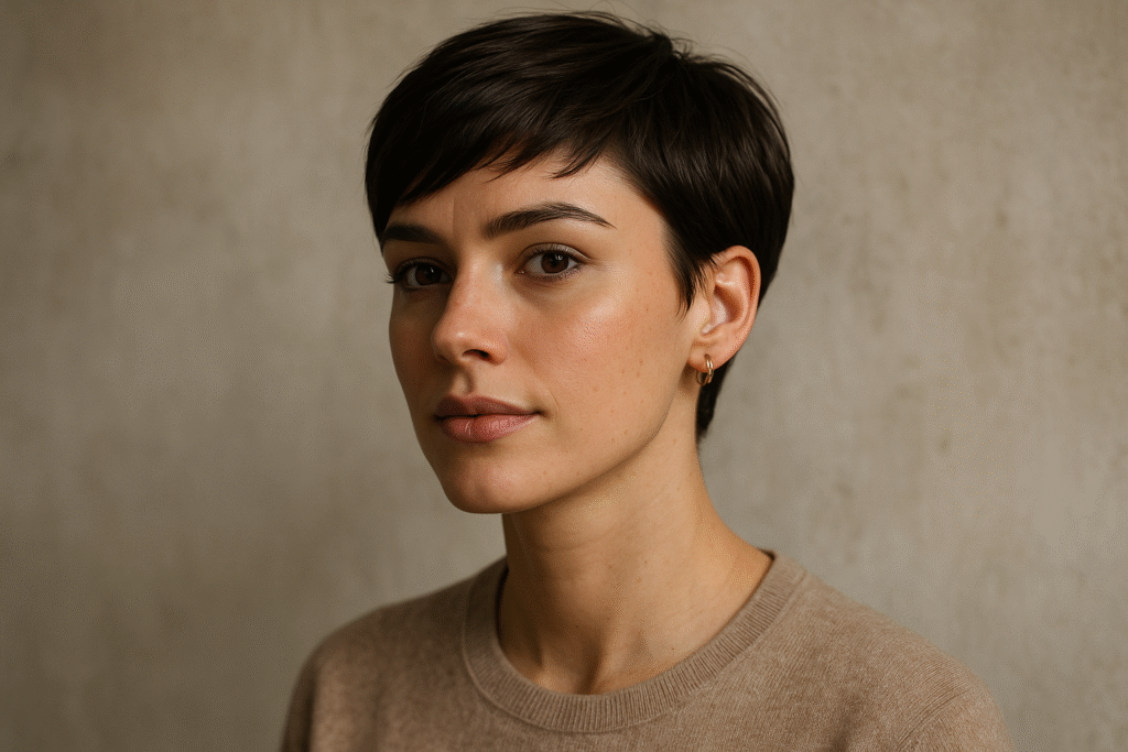 Uma pessoa com cabelos escuros curtos, vestindo um suéter bege e brincos de argola pequenos, olha para a câmera com uma expressão neutra contra um fundo liso e de cor clara.