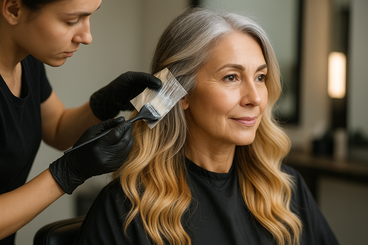 Uma mulher com cabelos longos e ondulados, grisalhos e loiros, senta-se em uma cadeira de salão enquanto um cabeleireiro usando luvas pretas aplica tinta de cabelo em suas raízes com uma escova.