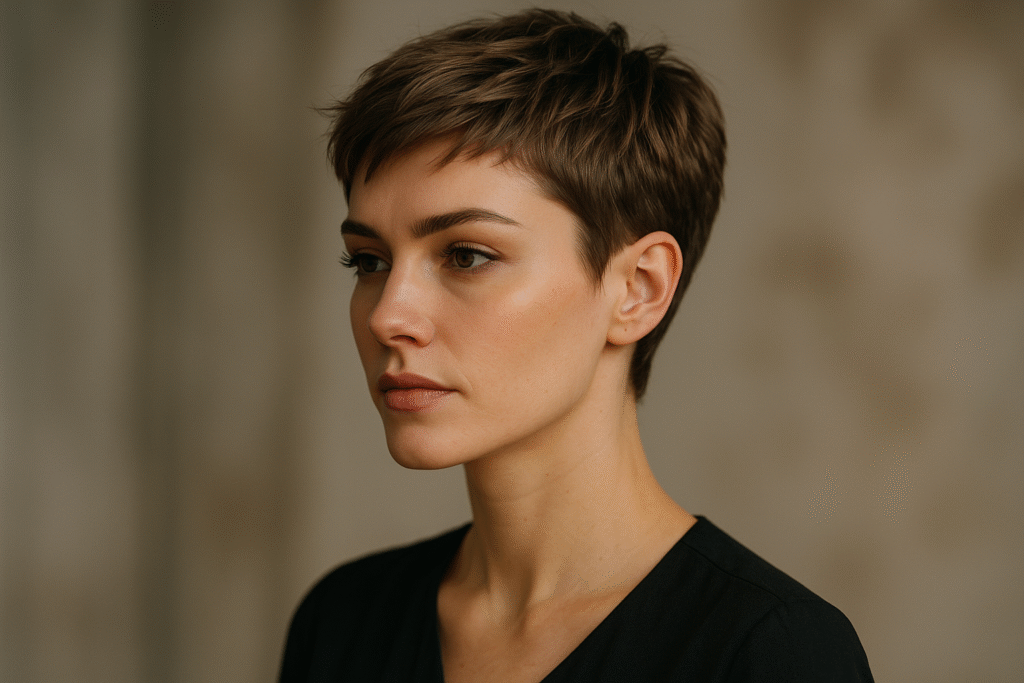 Uma mulher com cabelos castanhos curtos e pele clara é mostrada em um perfil lateral contra um fundo neutro e desfocado. Ela está usando um top preto e tem uma expressão calma e séria.