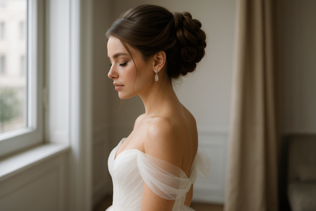 Uma mulher com um vestido de noiva branco de ombros caídos está ao lado de uma janela, de olhos fechados, com os cabelos penteados em um elegante penteado e usando brincos de gota.