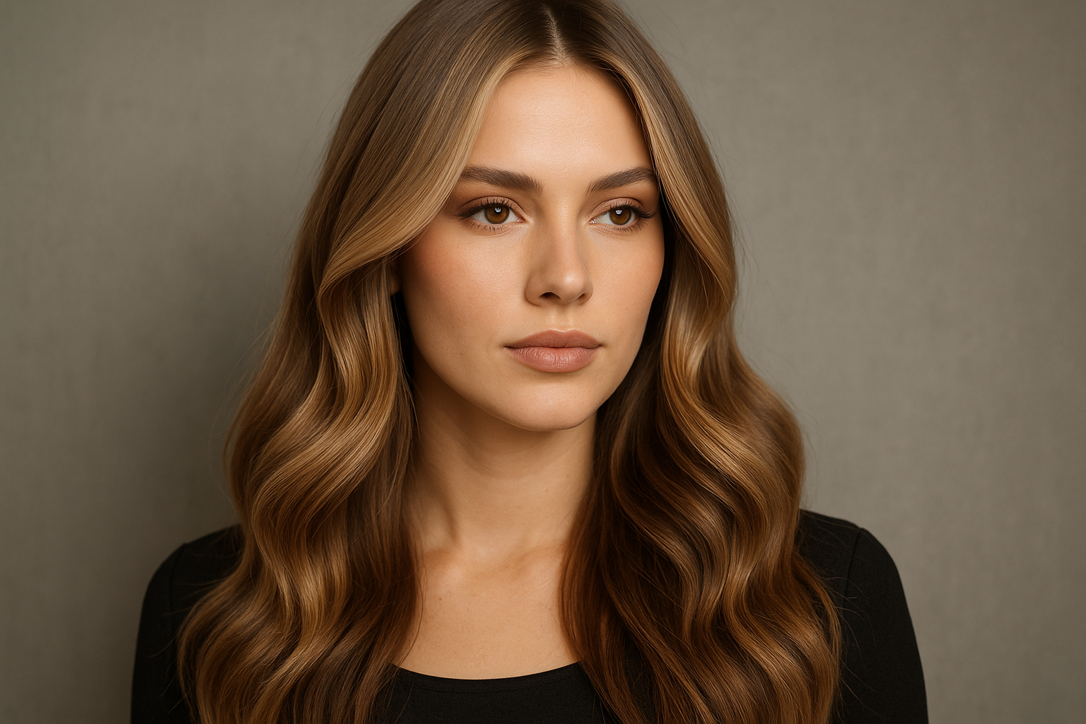 Uma mulher com longos cabelos castanhos claros ondulados, vestindo um top preto, está em frente a um fundo cinza liso, olhando ligeiramente para o lado com uma expressão neutra.