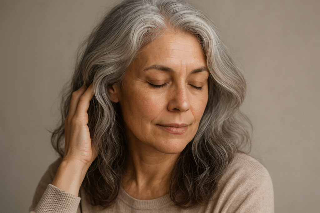 Uma mulher com longos cabelos grisalhos ondulados e olhos fechados está mexendo no cabelo com uma das mãos. Ela está usando um suéter bege e parece calma, com um fundo neutro atrás dela.