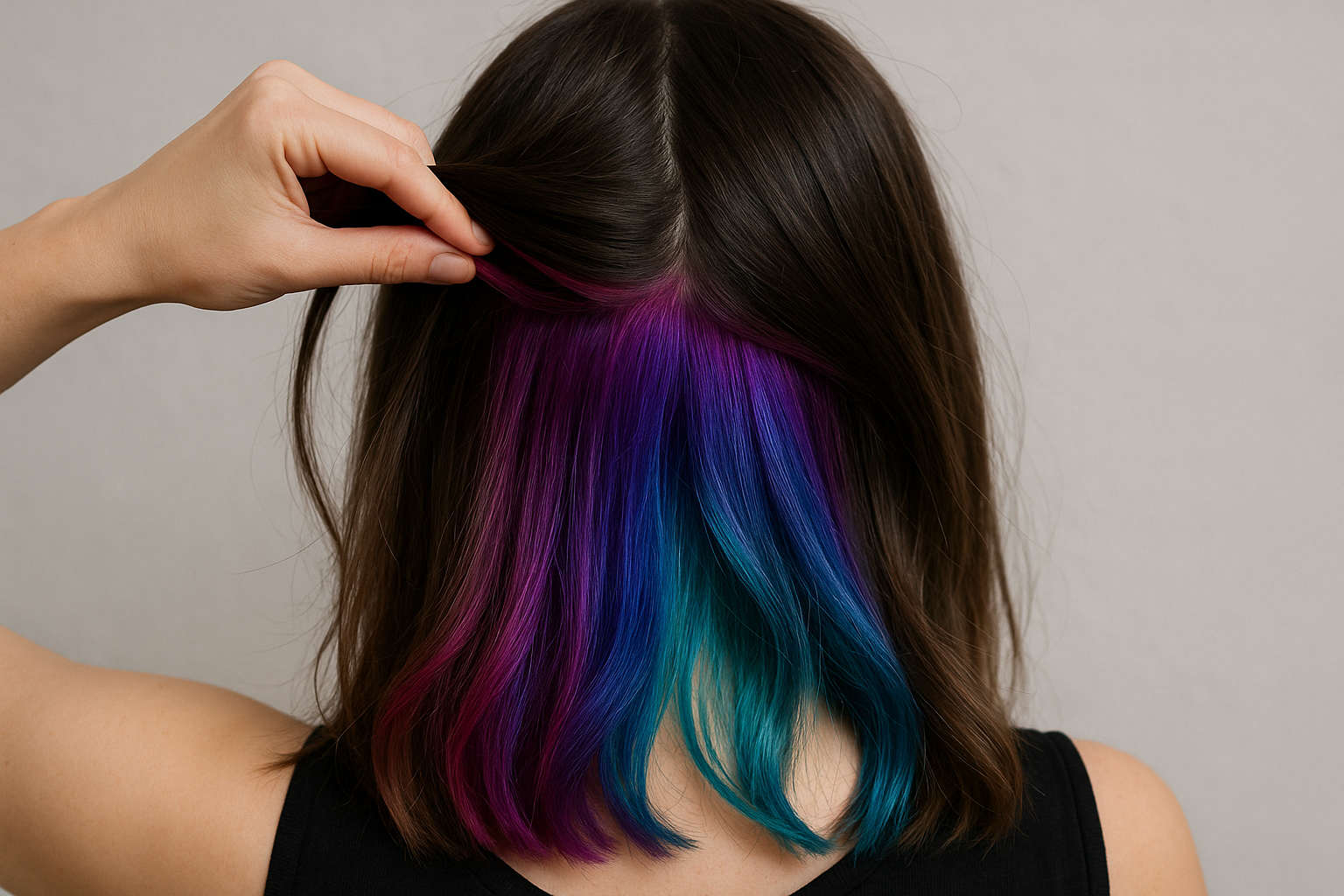 Uma pessoa com cabelo castanho liso levanta uma seção para mostrar camadas ocultas tingidas de magenta vibrante, roxo, azul e azul-petróleo. A pessoa está usando uma blusa preta sem mangas e virada para longe da câmera.