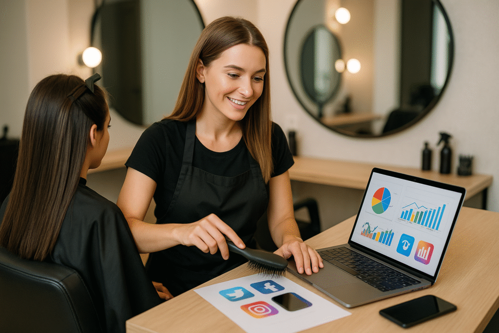 Uma cabeleireira em um salão de beleza aponta com uma escova para ícones de mídia social e gráficos em um laptop e papel, enquanto uma cliente com cabelo comprido está sentada à sua frente. Grandes espelhos e ferramentas de salão são visíveis ao fundo.