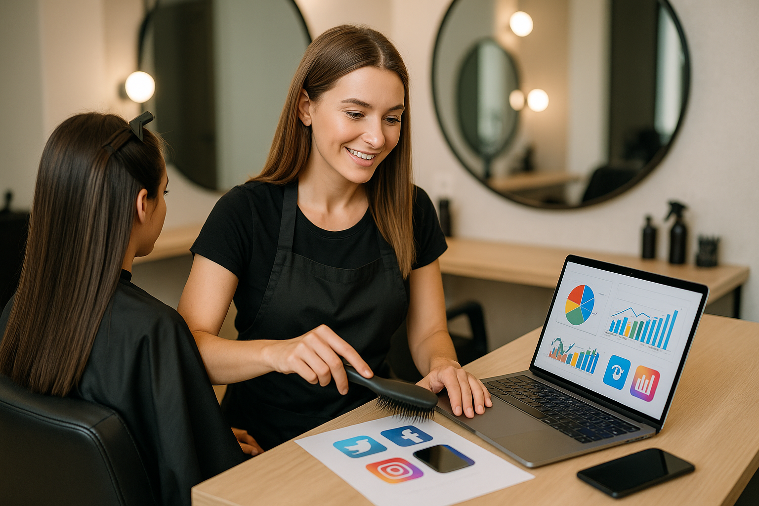 Uma cabeleireira em um salão de beleza aponta com uma escova para ícones de mídia social e gráficos em um laptop e papel, enquanto uma cliente com cabelo comprido está sentada à sua frente. Grandes espelhos e ferramentas de salão são visíveis ao fundo.