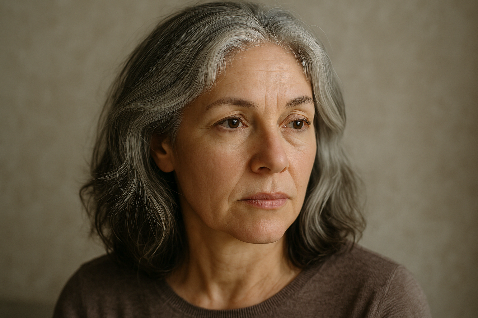 Uma mulher de meia-idade com cabelos grisalhos na altura dos ombros e expressão neutra olha ligeiramente para o lado. Ela está vestindo um suéter marrom e está em um fundo neutro e suavemente desfocado.