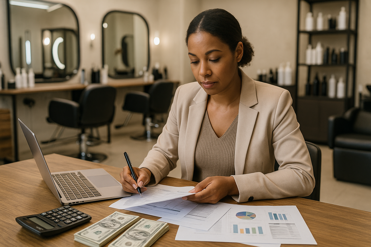 Uma mulher em trajes de negócios senta-se em uma mesa em um salão de beleza, analisando documentos com gráficos. Um laptop, uma calculadora, uma prancheta, uma caneta e pilhas de dinheiro estão sobre a mesa. Prateleiras com produtos de salão de beleza estão ao fundo.