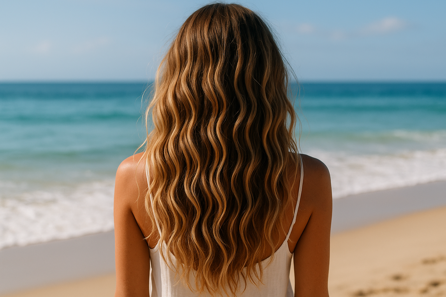 Uma mulher de cabelos loiros longos e ondulados está em uma praia de areia, de frente para o oceano, vestindo uma blusa branca sem mangas. O céu está claro e as ondas estão rolando suavemente.