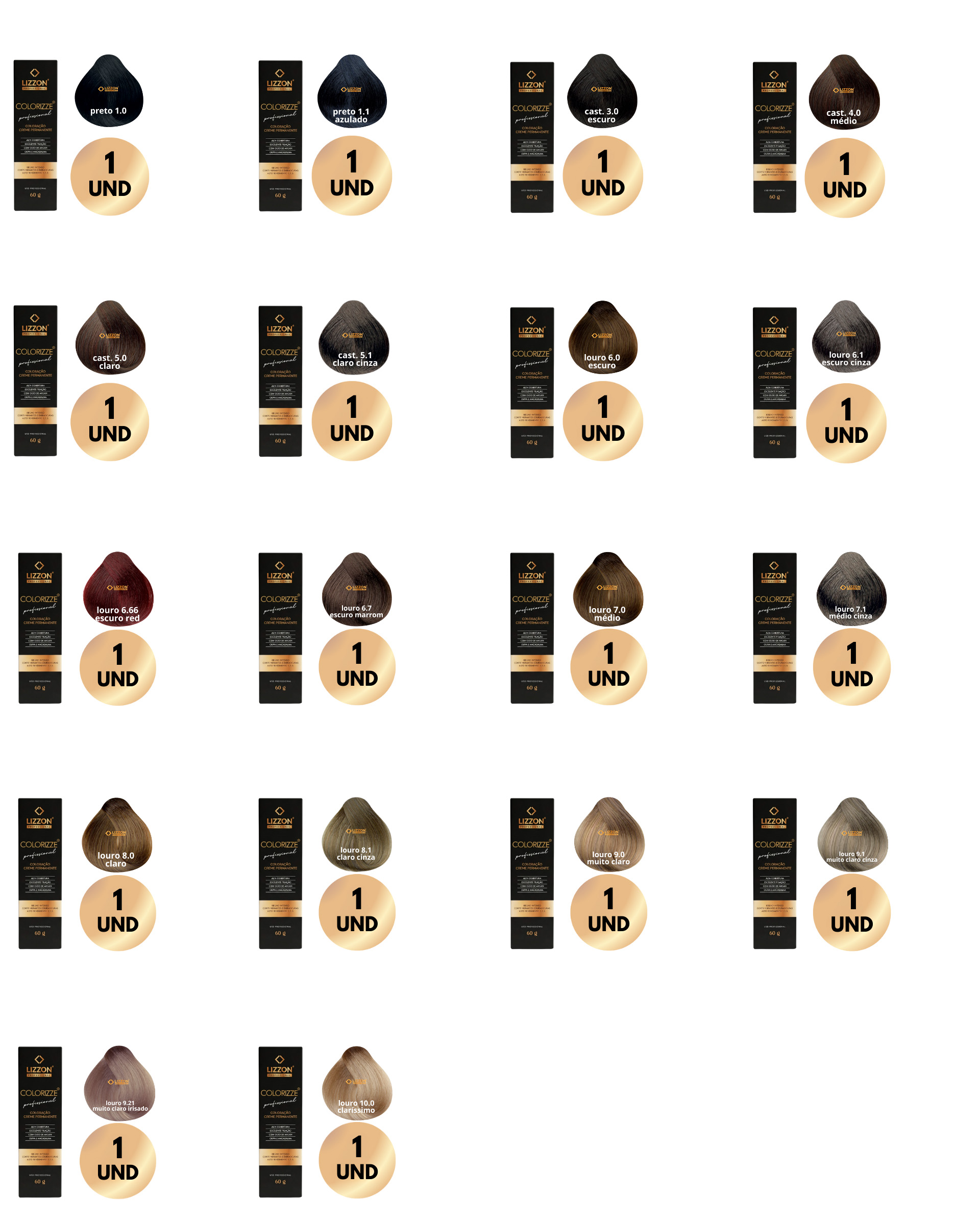 Cinco fileiras de amostras de cores de cabelo diferentes, cada uma com uma caixa correspondente do Kit Colorizze Coloração Creme Permanente e uma etiqueta circular com a inscrição