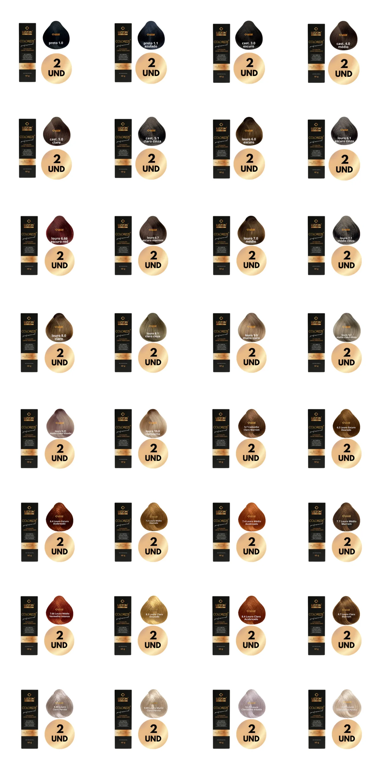 Uma grade de 42 caixas do Kit Colorizze em Dobro Coloração Creme Permanente (36 unidades), cada uma mostrando uma embalagem rotulada e uma amostra de cor de cabelo, dispostas em sete linhas e seis colunas em um fundo branco.